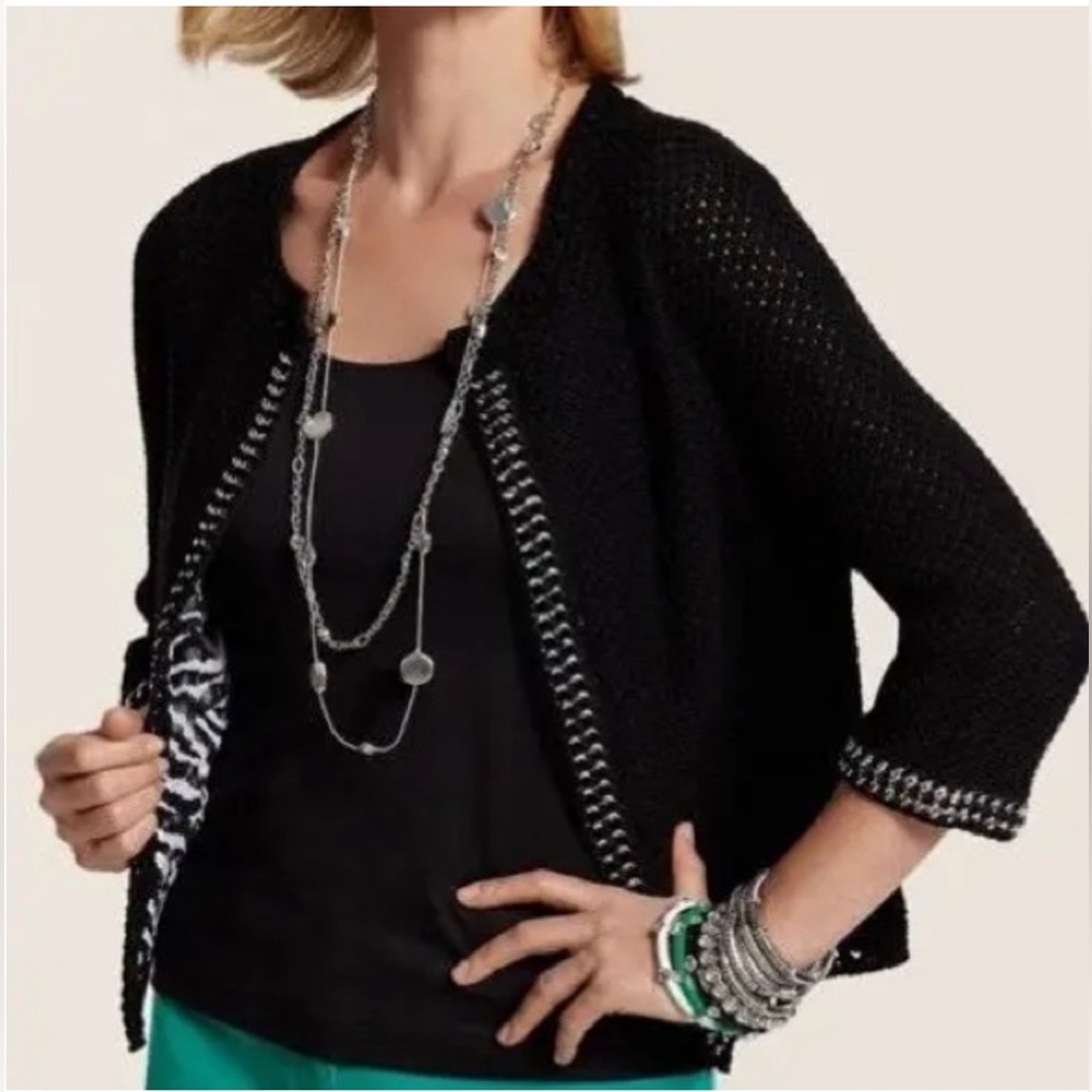 Chico’s Black Open Front Cardigan Silver Chain Detail Lightweight Boho Chic SM